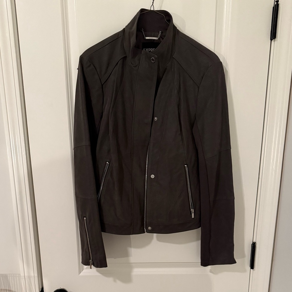 Express Grey Faux Suede Moto Jacket - M